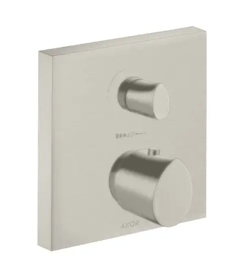 Thermostat mit zwei Einstellknöpfen auf einer quadratischen Platte in Edelstahloptik, gefertigt von AXOR. Der obere Knopf reguliert die Temperatur, der untere das Ab- und Umstellventil.